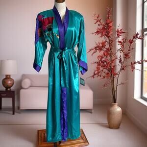 Kathleen Usherwood Satin Dressing Gown Embroidered Floral Fan Sz M kimono Women